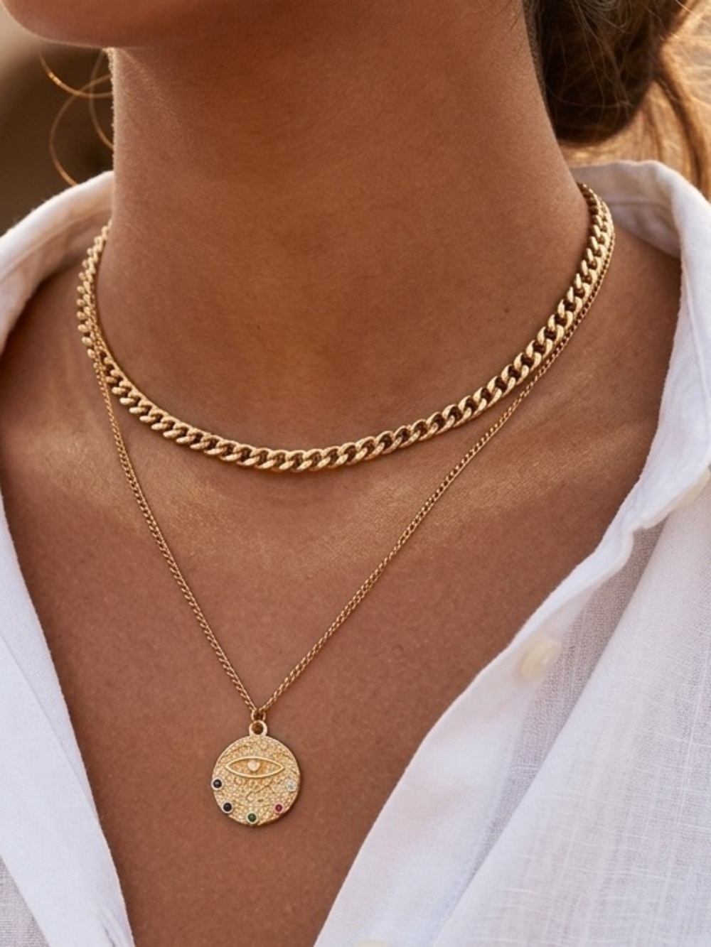 18K Gold Plated Evil Eye Cuban Necklace Coin Stainless Steel Womens Jewelry